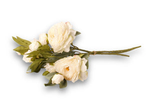 Losse foto van een liggende takken wit van een kunst pioenroos met 3 bloemen en groen blad - WinQ