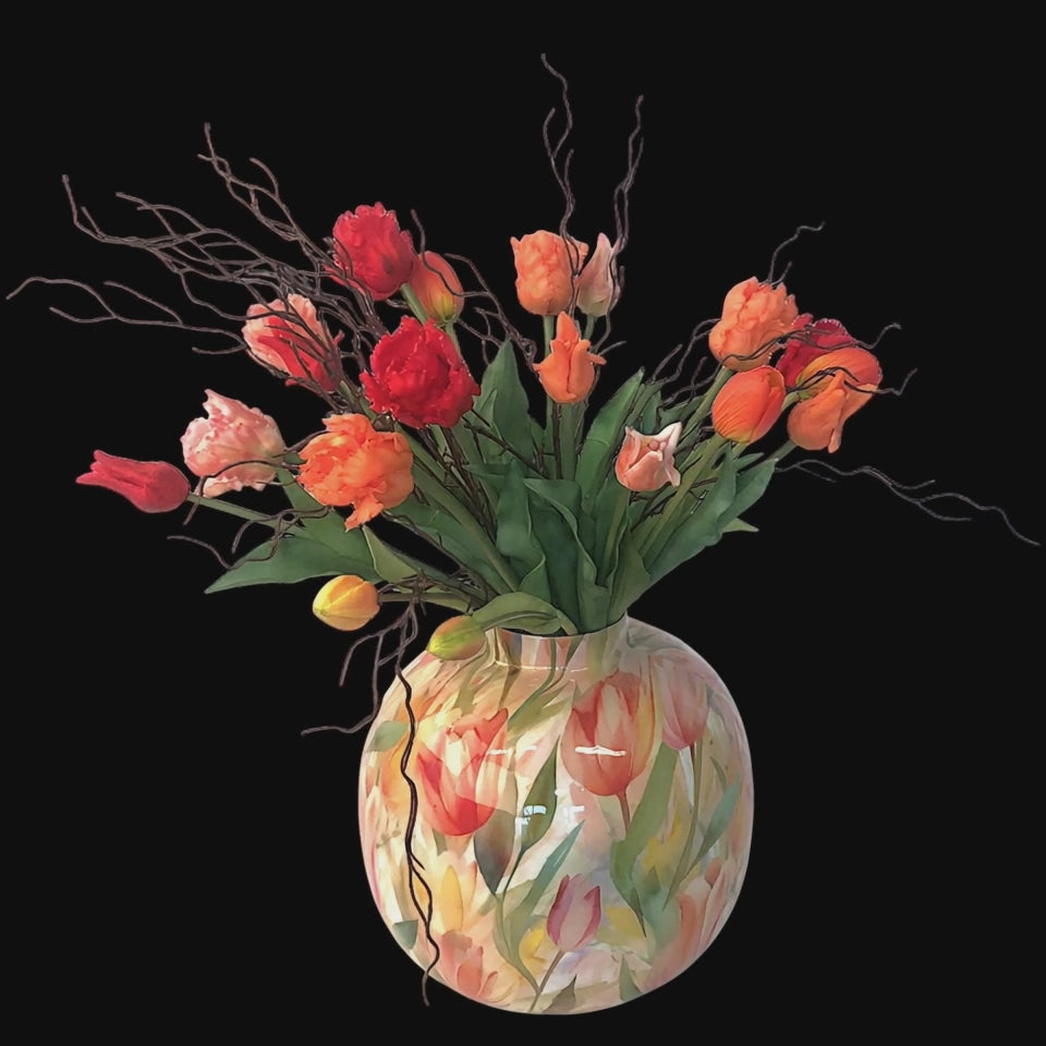 tulpenboeket van kunsttulpen en parkiettulpen in rood, oranje en zalm - WinQ