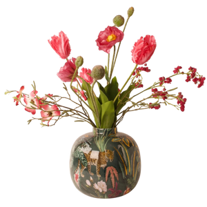 aas celestial met dieren en bloemenprint met basis petrol en diverse kleuren geel groen en roze opgemaakt met boeket in rood met papaver - WInQ