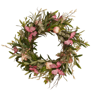 Kunstbloemen krans met groene bladeren, roze bloemen en decoratieve vlinders p WinQ