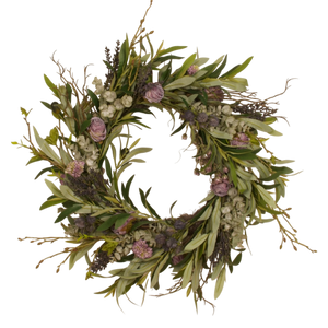 Hangende krans met olijftakken en diverse blauwe en lila bloemen om, krans voor voordeur - WinQ