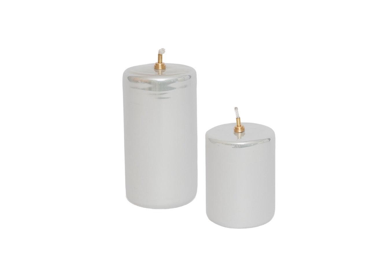Olielampen van Metallic off white 7x10cm en 15cm olielamp in een cilinder vorm productfoto