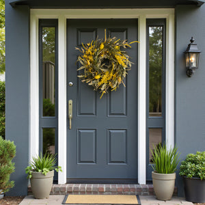 Voorjaarskrans diameter 35cm in geel met groen met de basis van olijf decoratief op een voordeur- WinQ
