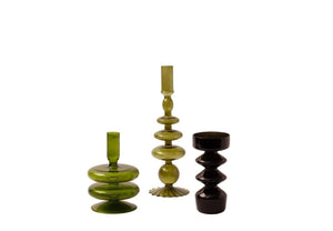 Kandelaar glas 9x28cm groen en 2 kandelaren glas in groen n zwart