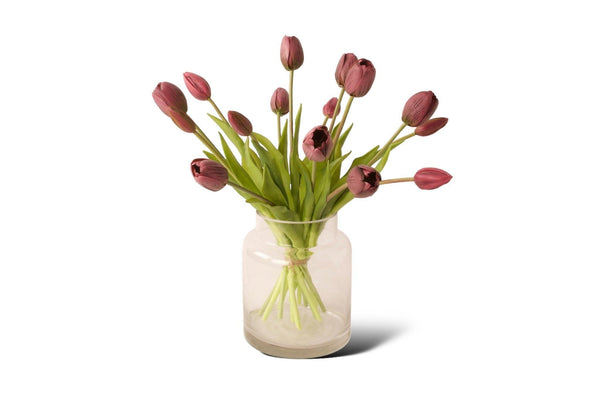 Zijden tulpen op een glasvaas in de kleur mauve 15stuks - WinQ