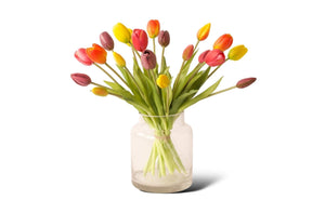 20 stuks kunsttulpen multicolor in 5 kleuren, geel,mauve, oranje, fuchsia op een bijpassende helder glasvaas - WinQ