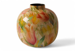 productfoto van vaas celestial met een bloemenprint van tulpen in geel, oranje en roze met diameter 25cm - WinQ