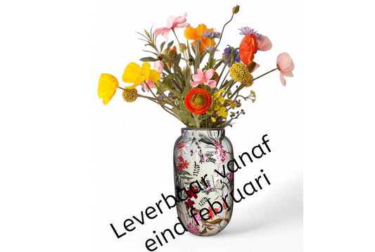 Vaas met bloemmotief lichtgrijs met print oranje roze en rood _ WinQ