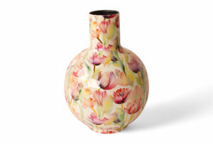 grote vaas van metaal met een tulpenprint in multicolor met een hoogte van 30cm en een diameter onder van 23cm en boven 8cm - WinQ