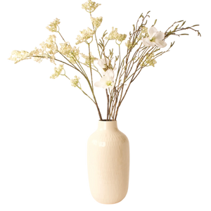 Gedecoreerde vaas Zinnia 33cm van metaal met kusttakken met witte bloemen. - WinQ