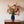 VELDboeket van kunstbloemen in een rood en oranje arrangement op een blauwe hoogglans metalen vaas op een houten kastje voor een lichte muur