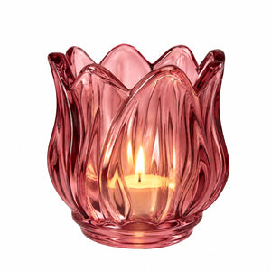 Waxinelichthouder glas donkerrood  7x7 cm met decoratief reliëf met waxine - WinQ
