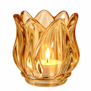 Waxinelichthouder glas Geel 7x7 cm met decoratief reliëf met waxine - WinQ
