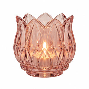 Waxinelichthouder glas pink 7x7 cm met decoratief reliëf met waxine - WinQ
